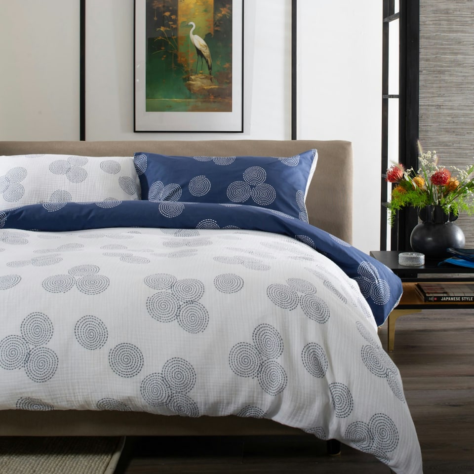 image 1 of Hyogo Japanese-Inspired Luxury Double Gauze Cotton Duvet Cover Set Blue | White | Single
