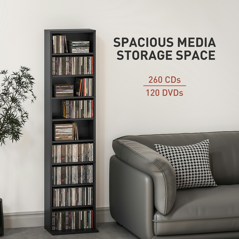 image 1 of HOMCOM 260 CD Storage Unit 120 DVD Storage Tower with 9 Compartments Black Grey | 33W x 24D x 140H cm