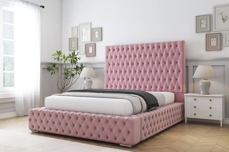 image 1 of Sloomy Ambassador Pink Plush Bed Frame With Mattress With 50"  Upholstered Headboard 4'6 Double