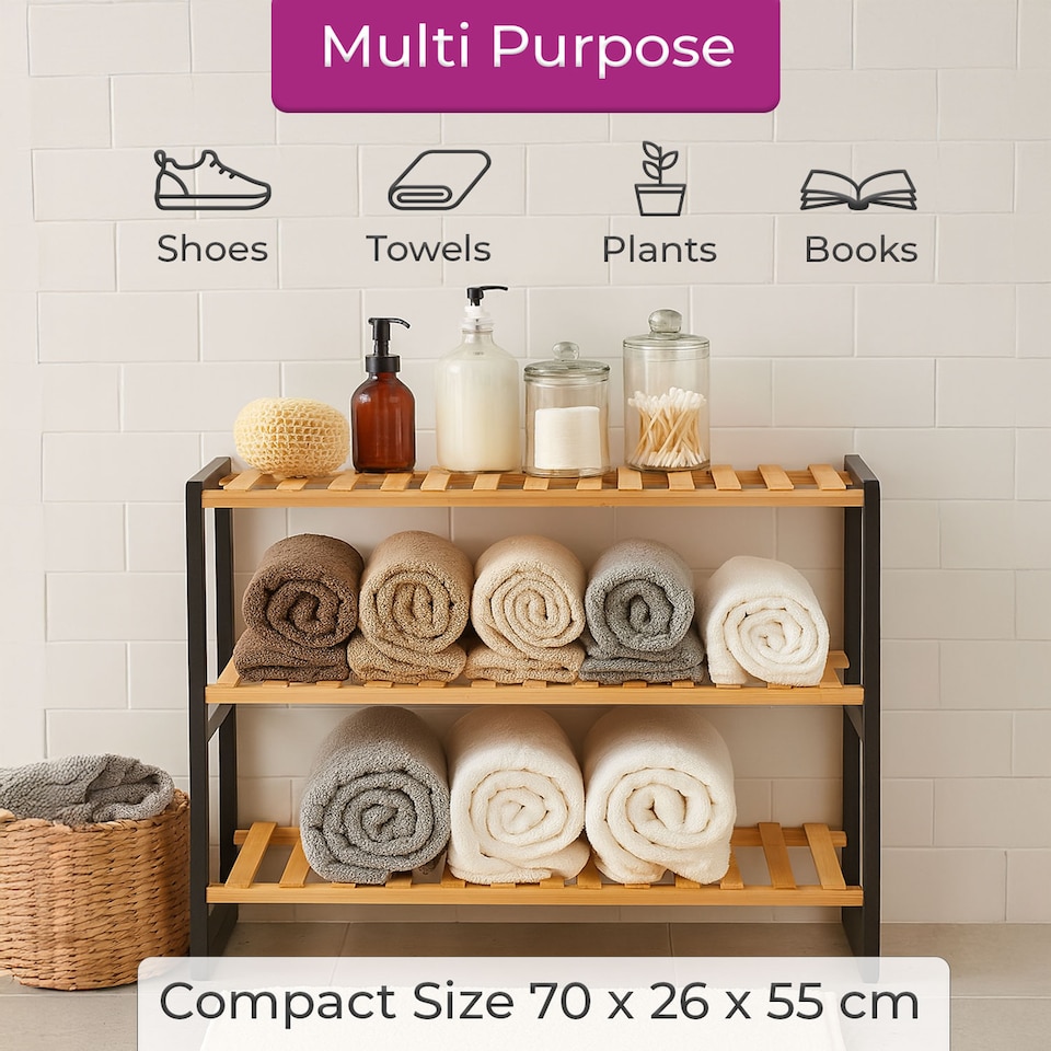 image 1 of Neo Black/Natural 3-Tier Bamboo Shoe Rack Stand Natural Wooden Shoe Storage Shelf for Hallway Bedroom Bathroom | Black | Black And Wood