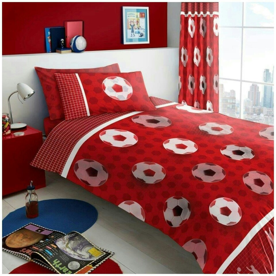image 1 of VELVETIO Football Goals Duvet Cover Set Soft Polycotton Reversible Kids Beddings Red | Double