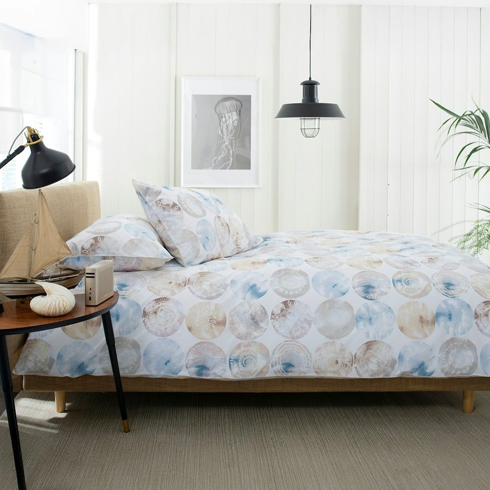 image 1 of Shell Mother of Pearl 100% Cotton Duvet Cover Set – Iridescent Shell Design with Piped Edges White | King