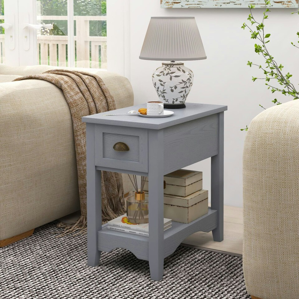 image 1 of COSTWAY Nightstand Side End Table Retro Side Table Grey Grey