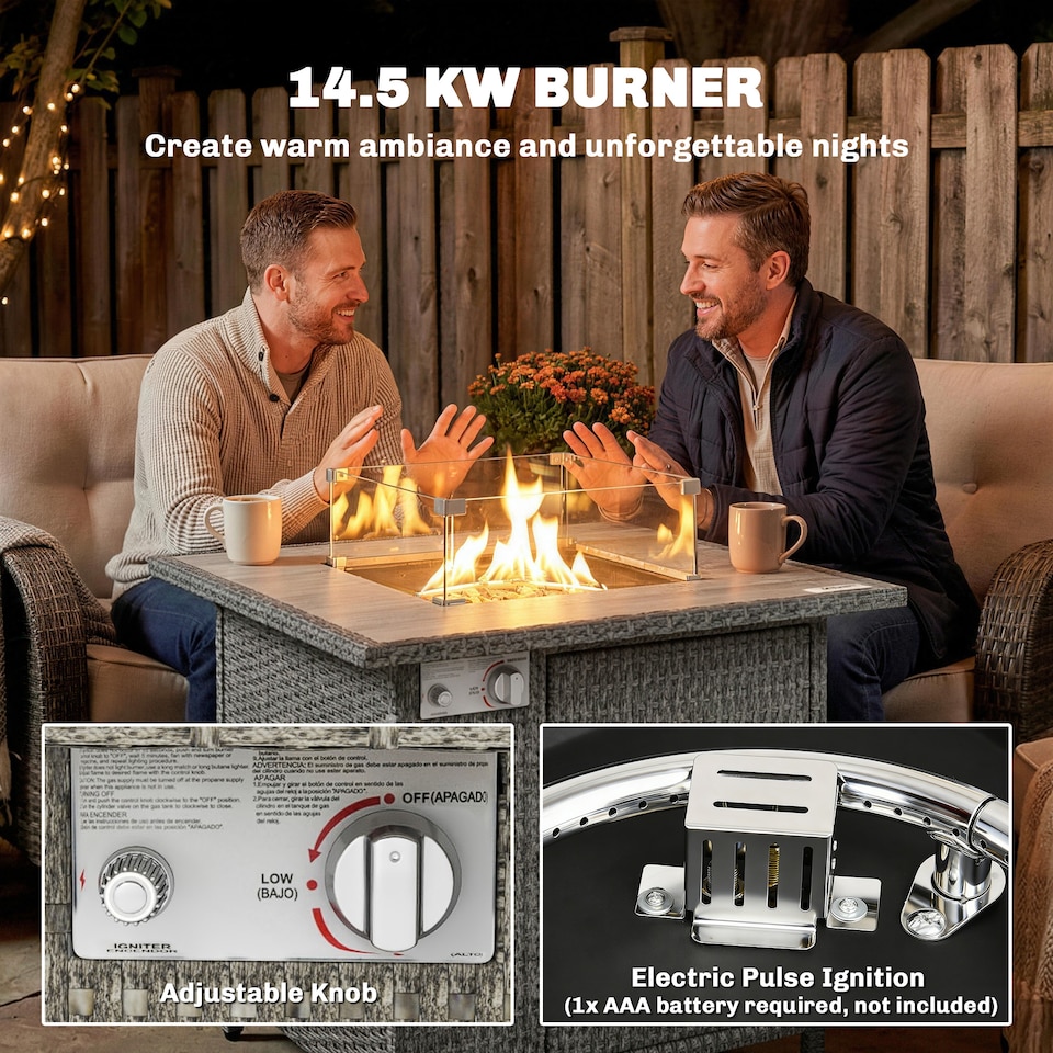 image 1 of Outsunny Rattan Gas Fire Pit Table with Rain Cover, Wind Guard, 14.5 KW | Grey | Dark Grey | 71 x 71 x 62 cm