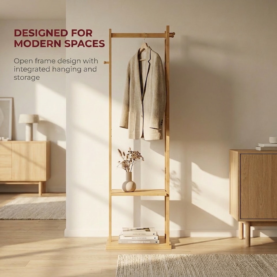 image 1 of Narrow Wooden Clothes Rail With 2 Shelves Brown | One Size