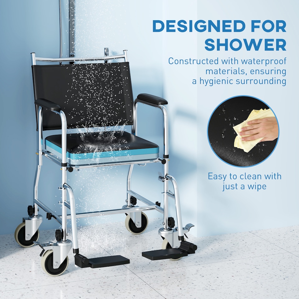 image 1 of HOMCOM Rolling Shower Chair with Wheels, Bedside Commode Wheelchair with Padded Seat, Backrest, for Seniors, Adults, Injured or Disabled, Black