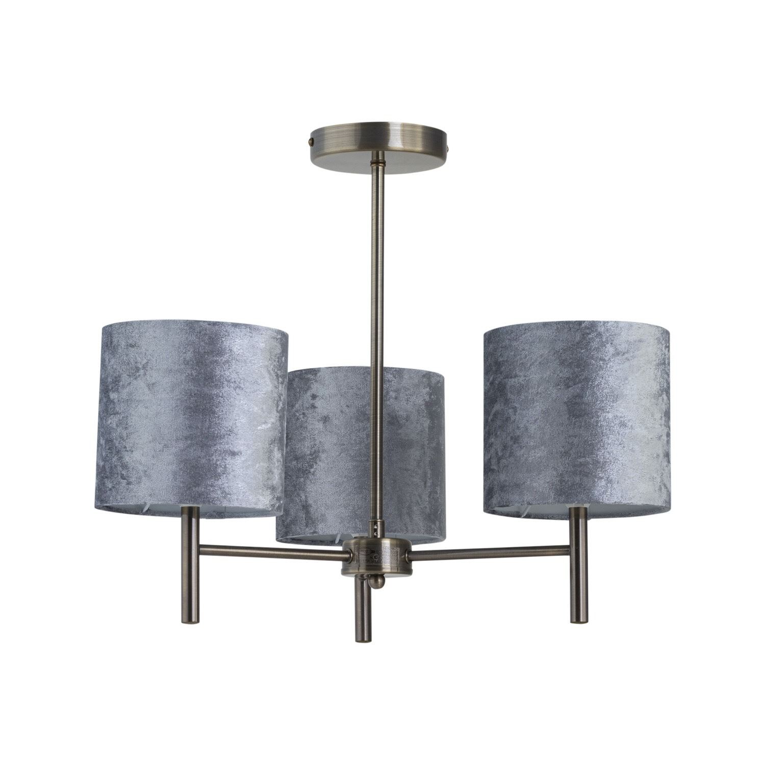 First Choice Lighting Brea - Antique Brass 3 Light Fitting with Grey Crushed Velvet Shades in Gold