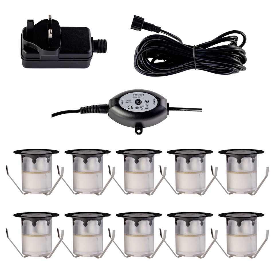 image 1 of Set of 10 - 30mm Black IP67 Warm White LED Decking Kit Photocell | Black | Clear | 10