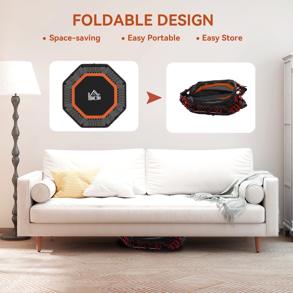 image 1 of HOMCOM 48" Octagonal Mini Fitness Trampoline Rebounder Indoor Outdoor Foldable Mini Jumper with Adjustable Handle, Max Load 150 KG, Orange