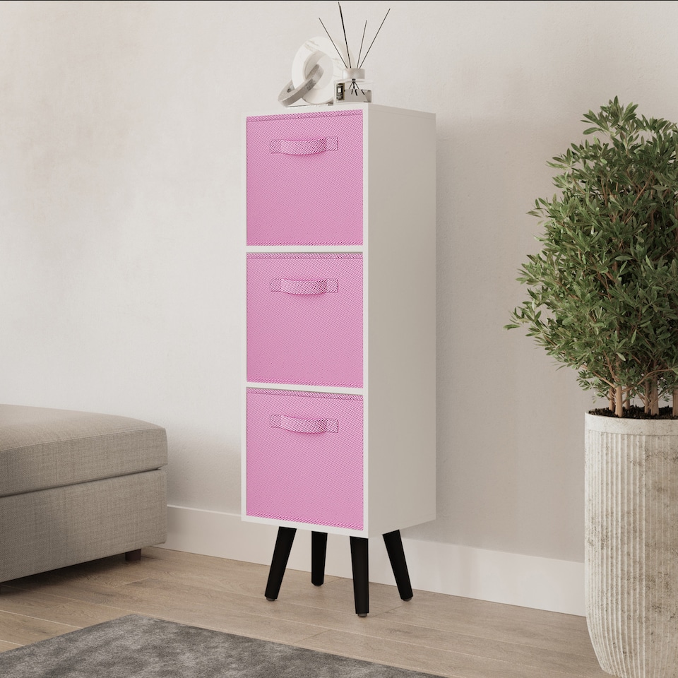 image 1 of White 3-Tier 3-Drawer Cube Shelving Unit with Scandinavian Legs | Pink | Light Pink & Black | 1
