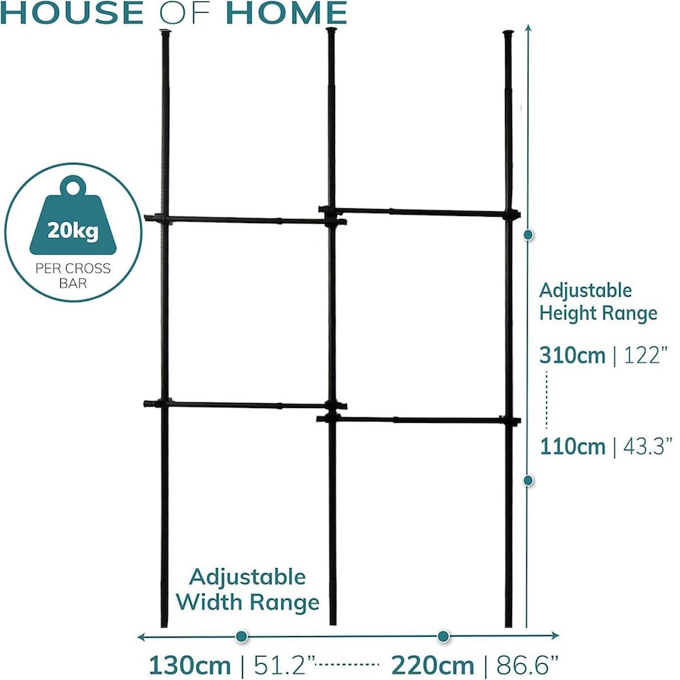 image 1 of House of Home Telescopic Clothes Rail Double Wardrobe Hanging Rack Adjustable Storage Black