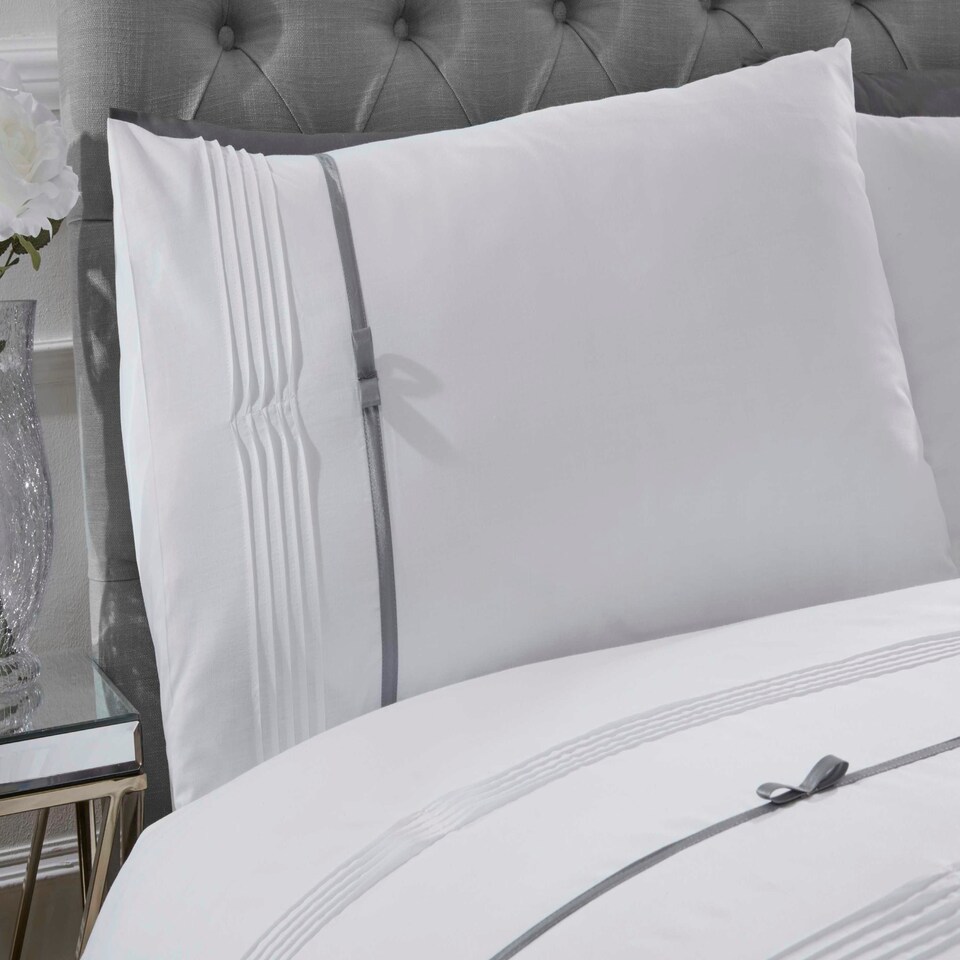 image 1 of Clarissa Stripped Polycotton Duvet Cover Set with Pillowcase White | Single