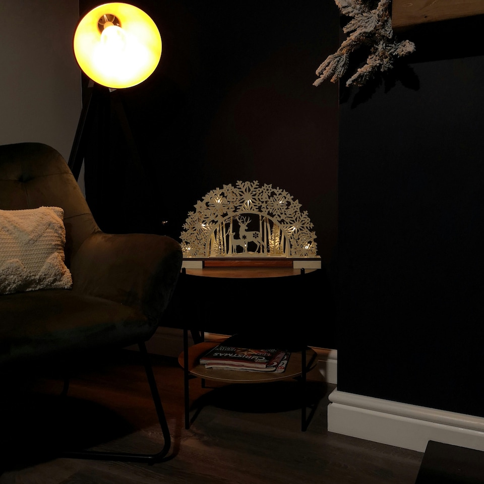 image 1 of 45cm Battery Operated Light up Wooden Christmas Deer with Snowflake Bridge & LEDs