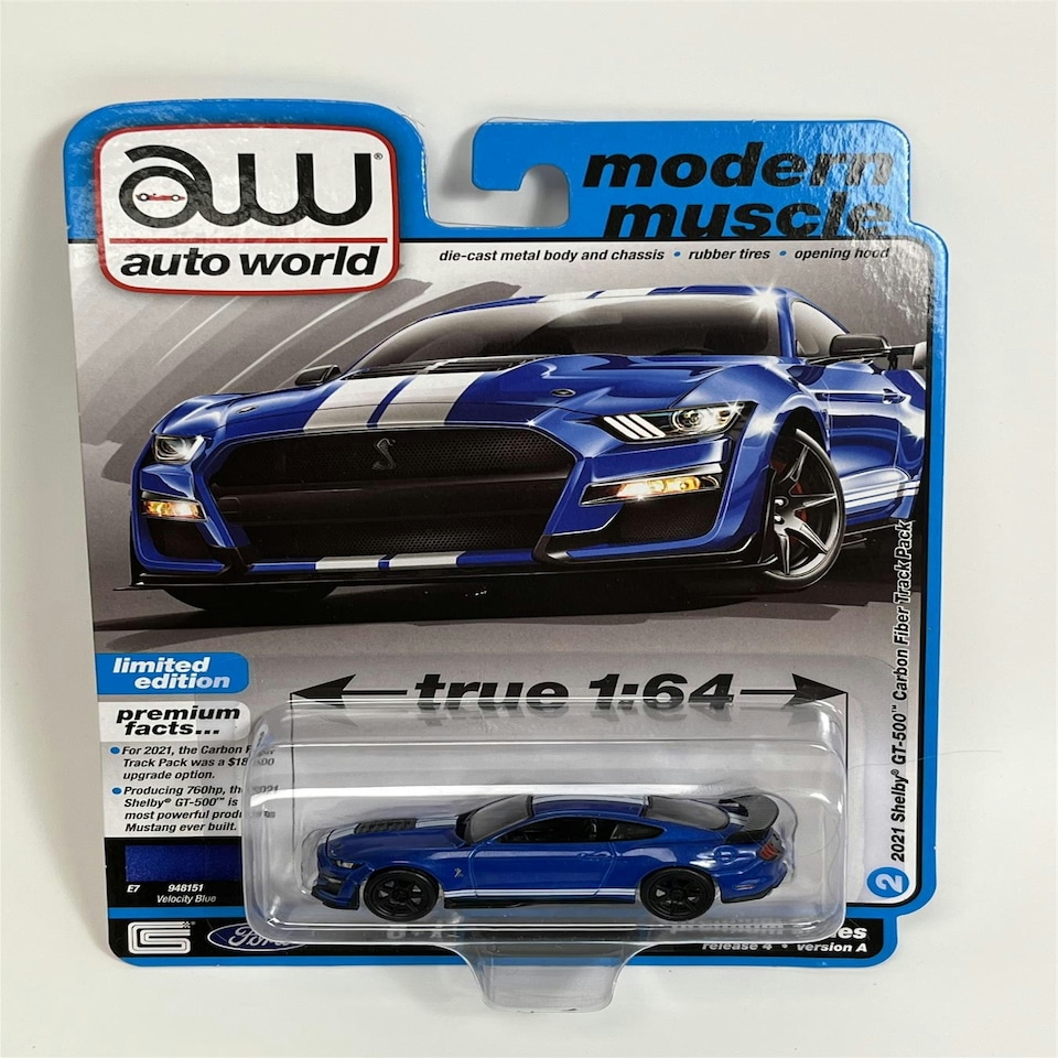 image 1 of 2021 Shelby GT500 Carbon Fibre Track Pack Velocity Blue 1:64 Autoworld AW64382A