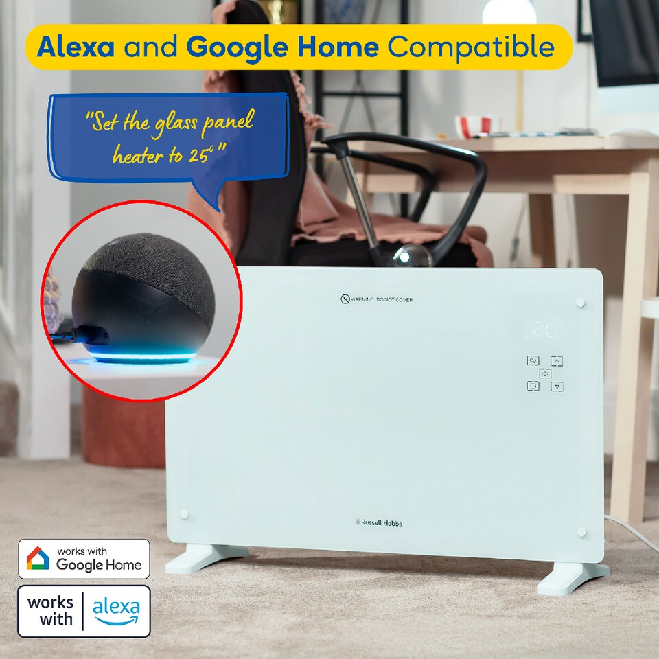 image 1 of Russell Hobbs RHPANH2006W Glass Panel Electric Heater 2000W Smart Wi-Fi Enabled in White