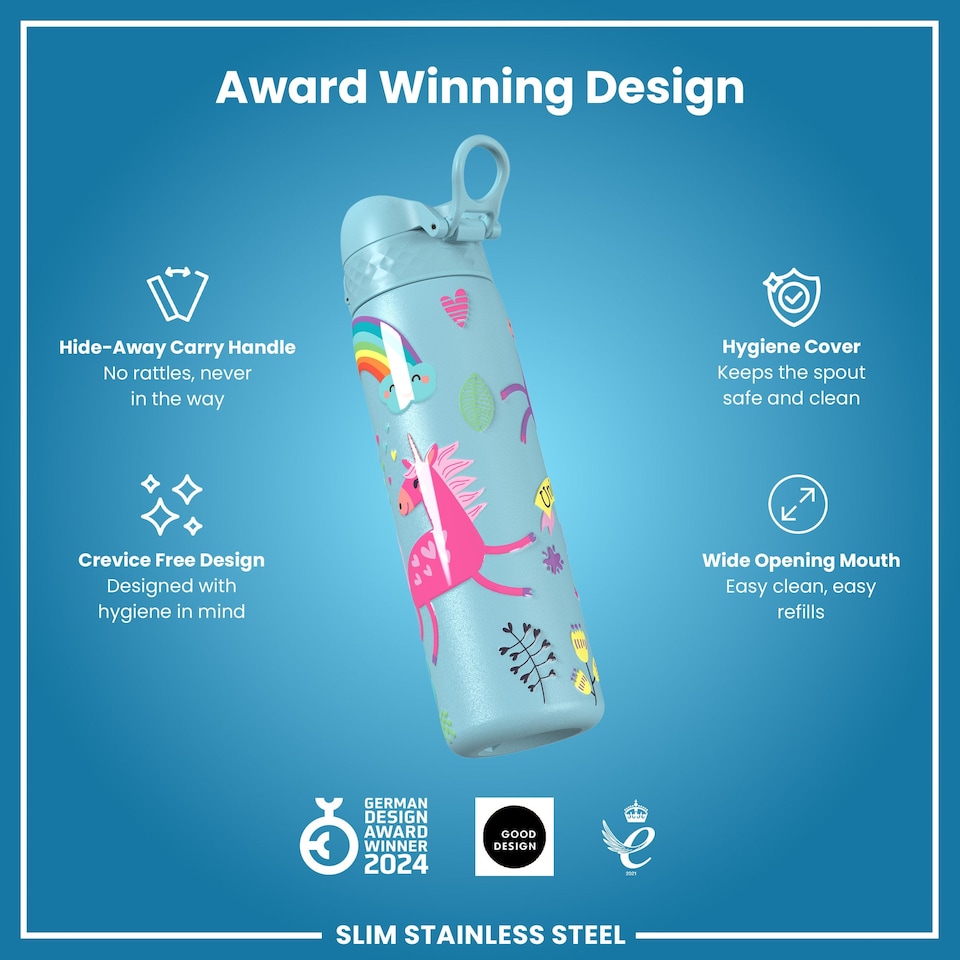 image 1 of Leak Proof Slim Water Bottle, Stainless Steel, 600ml (20oz) | Blue | Unicorns Blue | One Size