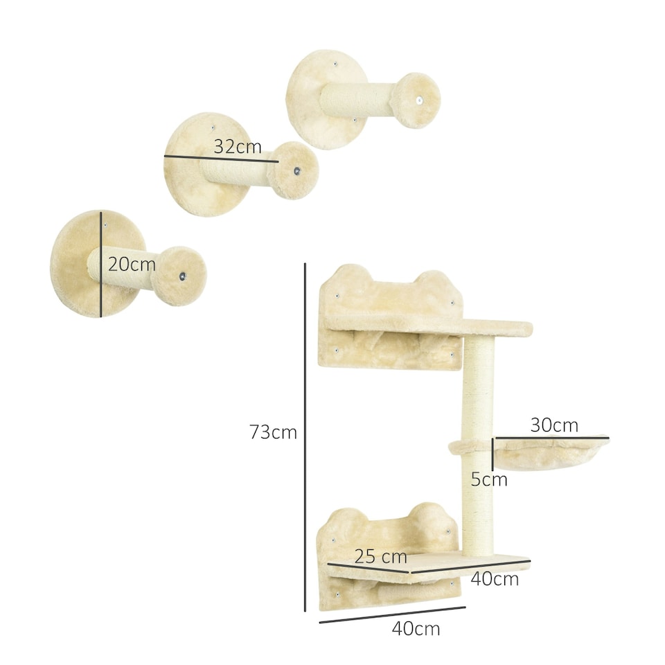 image 1 of PawHut 4pc Cat Shelves Cat Wall Furniture with Steps Scratching Post Beige