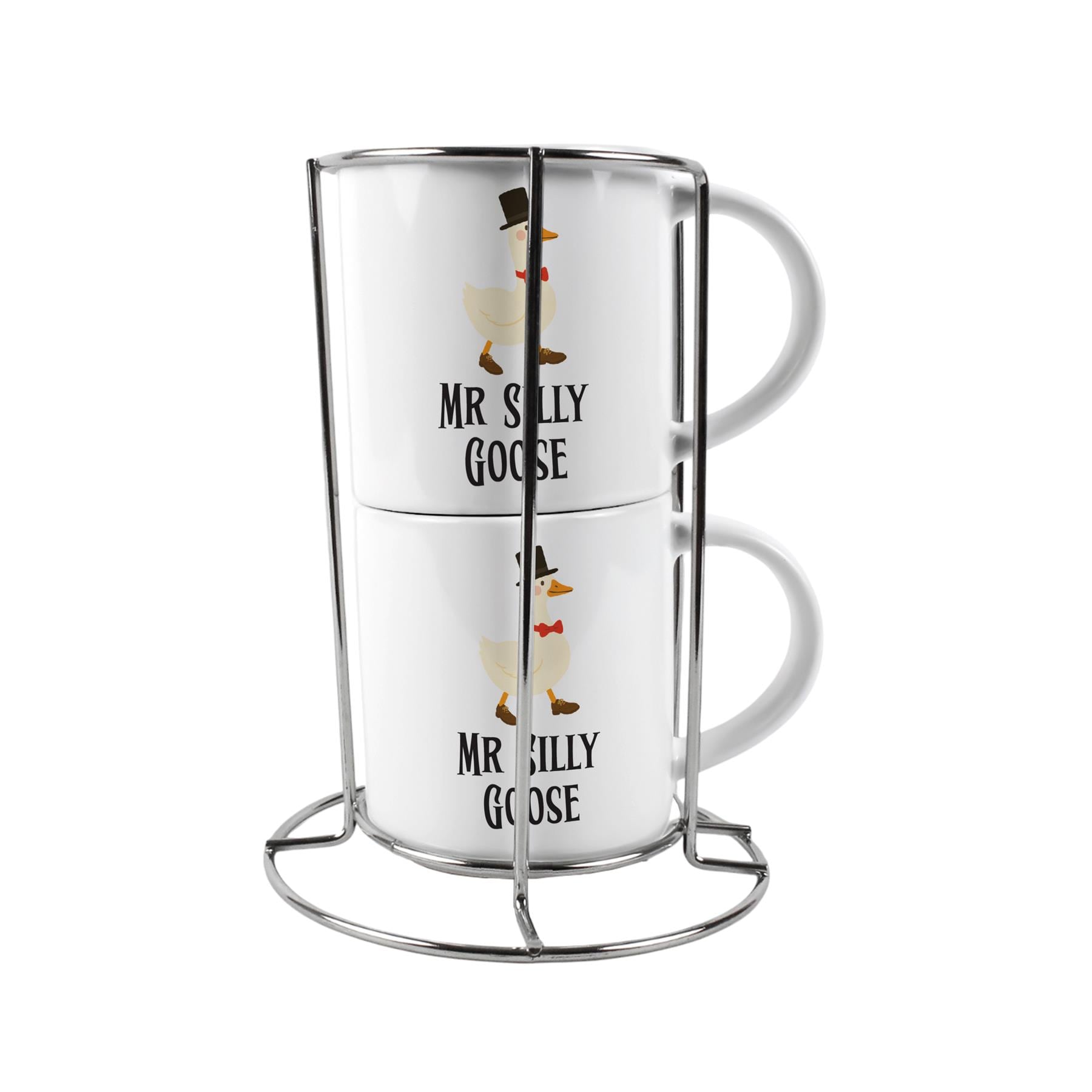 Mr & Mr Stacking Mugs Set - Silly Goose Novelty Gifts for Couples Ceramic Cups Set of 2 with Metal Stand White