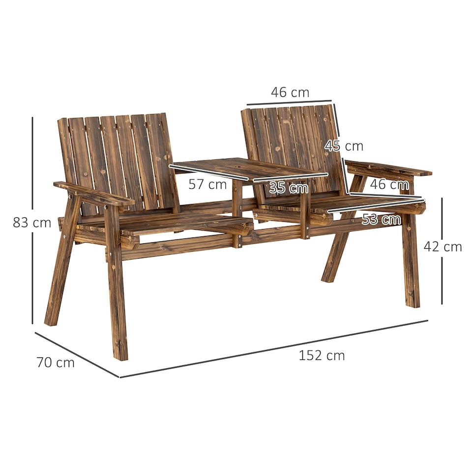 image 1 of Outsunny 2-Seater Wooden Garden Bench with Armrest, Carbonised Finish Brown