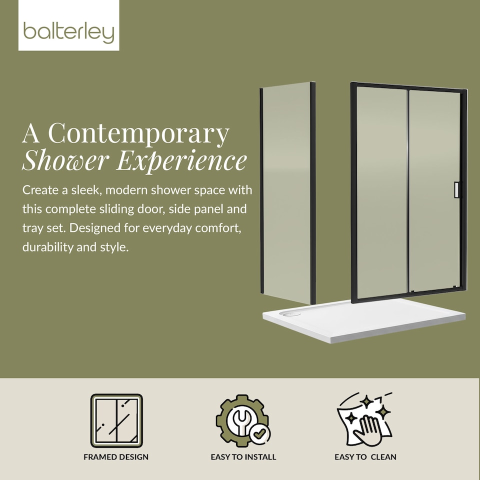 image 1 of Balterley Sliding Shower Suite with 6mm Safety Glass Door, Side Panel & 1200 x 700mm Tray in Matt Black Finish | Black | Matt Black | 3