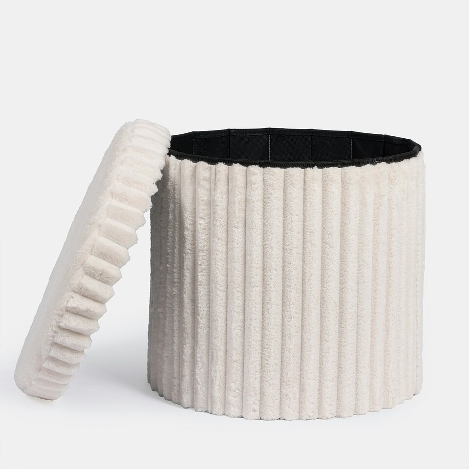 image 1 of OHS Soft Fleece Ribbed Round Foldable Footstool Seat Storage Organiser Ottoman Cream