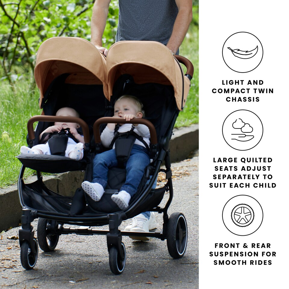 image 1 of Venus Prime Double Stroller - Birth to 15kgs (Approx. 3 Years), Lightweight, One Hand Fold, Newborn Cocoon, 2 Quilted Footwarmers & Rain Cover (Biscuit)