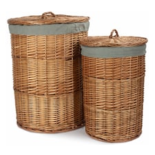 Set of 2 Light Steamed Round Linen Basket with Grey Sage Lining | Grey | Grey