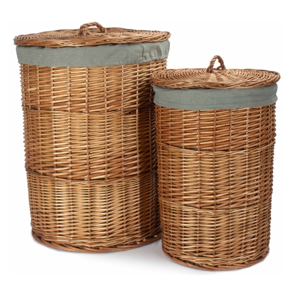image 1 of Set of 2 Light Steamed Round Linen Basket with Grey Sage Lining | Grey | Grey