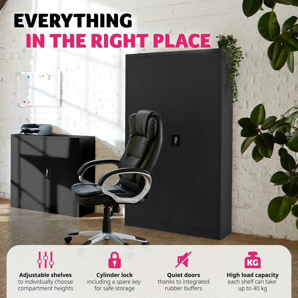 image 1 of Filing Cabinet - 4 adjustable shelves, lockable, 140 x 90 x 40 cm Black