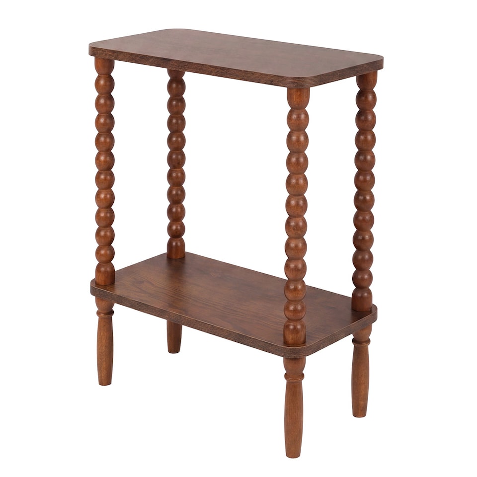 image 1 of Levede Narrow Side Table 2 Tier Storage MDF End Table Rubber Wood Legs Brown