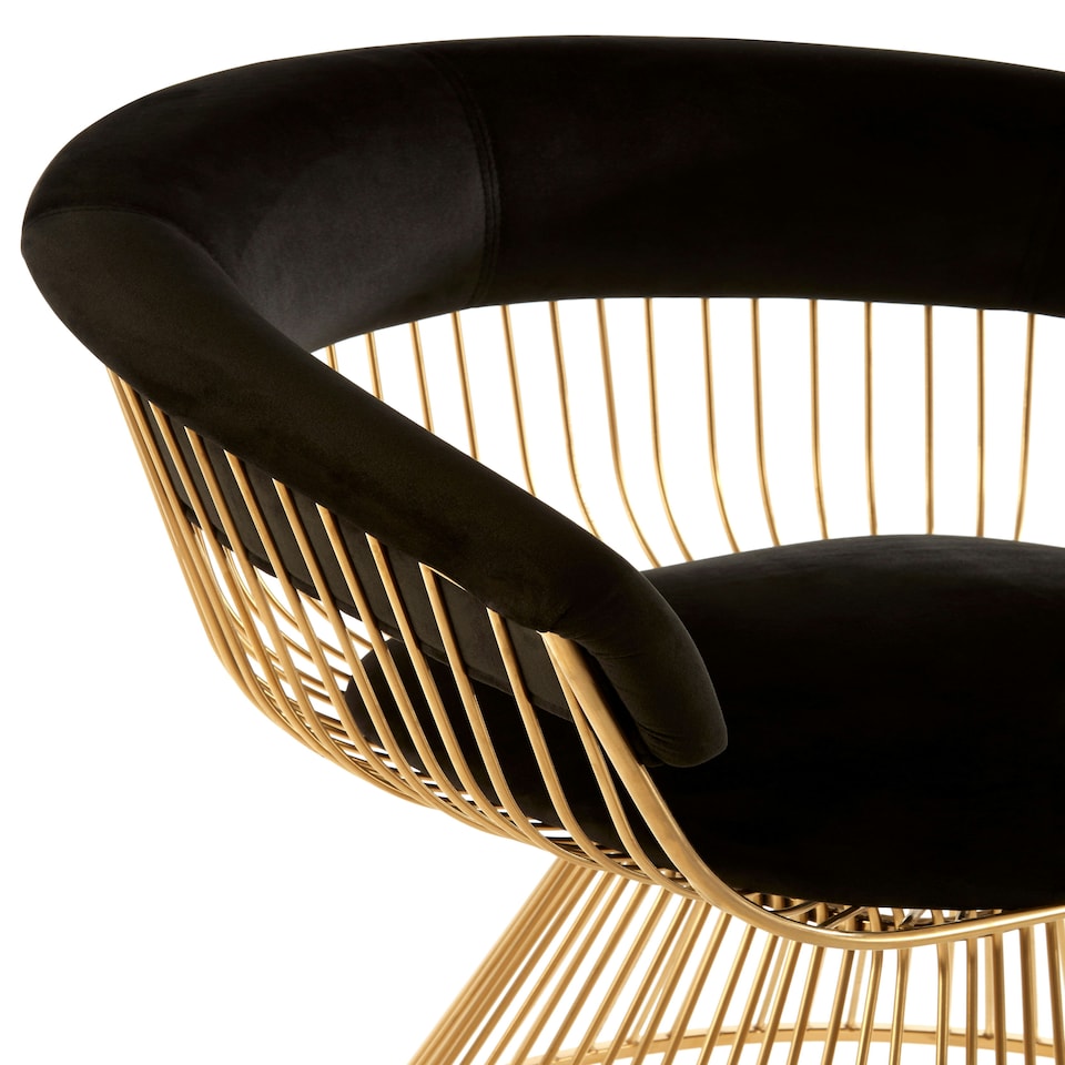 image 1 of Interiors by Premier Black Velvet and Gold Finish Chair, Easy to Clean Small Velvet Chair, Large Black Steel Frame Armchair