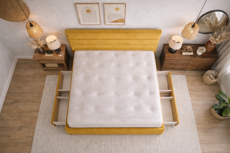image 1 of Divan Bed Set Headboard and Footboard with Mattress 2ft6 Small Single Mustard Suede Storage 2 Drawers Right Side Laying in Bed