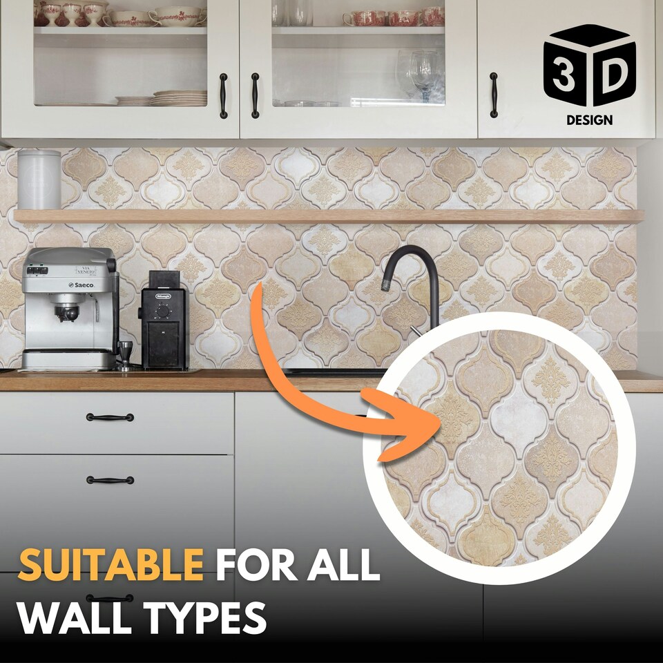 image 1 of NOVECRAFTO 3D Tile Effect Wall Panels – Cream Gold Arabesque Design with Glitter – Set of 6 PVC Sheets – 2.78m² (29.96sqft) – Kitchen & Bathroom Cladding
