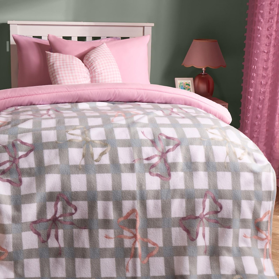 image 1 of OHS Bow Gingham Polar Fleece Throw Blanket Lightweight Bedspread | Blue