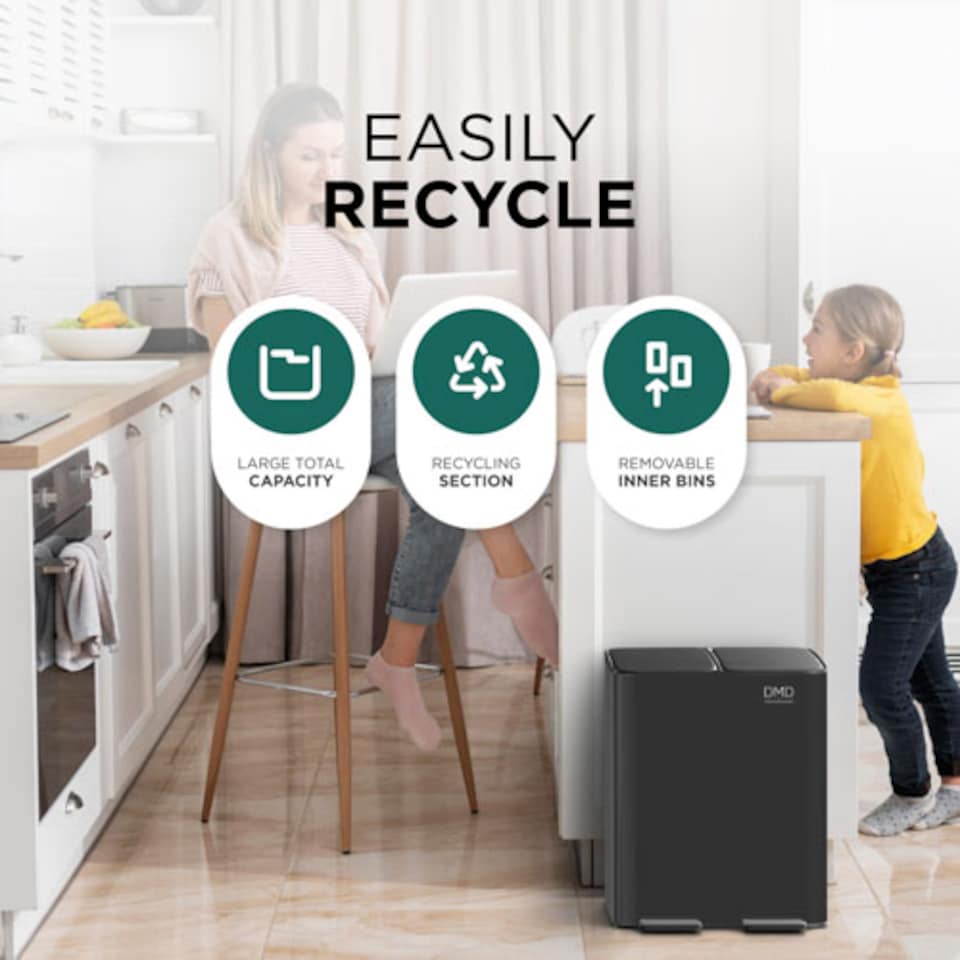 image 1 of DMD 30L Stainless Steel Recycling Bin, 2 x 15L Removable Plastic Recycling Buckets | Black | Black