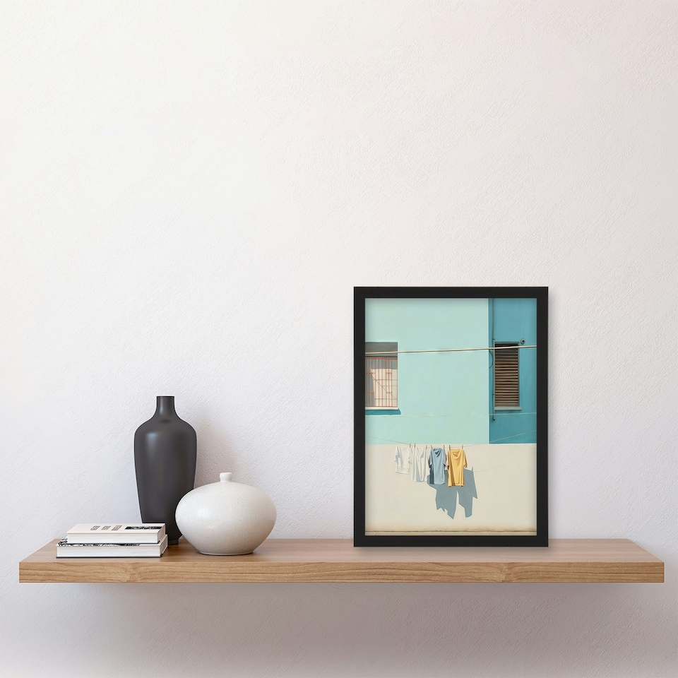image 1 of Washing Day Blues Yellow Minimalist Soft Laundry Room Black Framed Wall Art Print A4