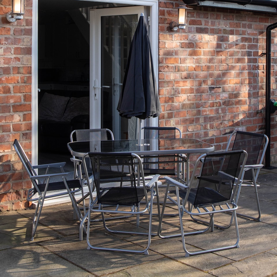 image 1 of 6 Person Garden Furniture Patio Set Table, 6 Chairs & Parasol with Black Glass