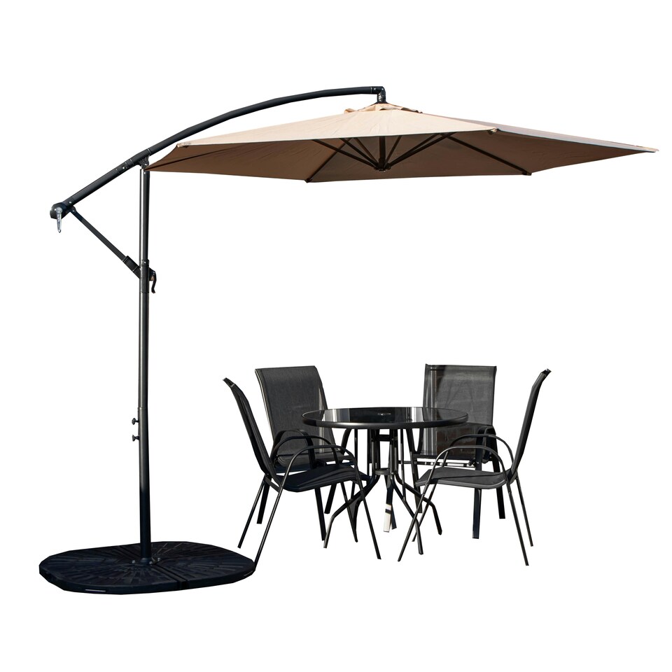 image 1 of Outdoor 4 Person Round Glass Top Garden Dining Table Chairs With Beige Banana Parasol and Base