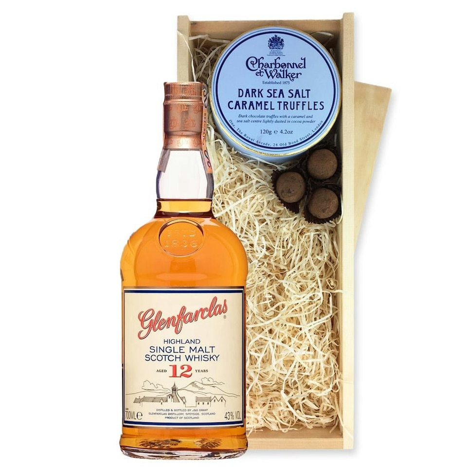Glenfarclas 12 Year Old Whisky And Dark Sea Salt Charbonnel Chocolates Box 70cl 43 abv