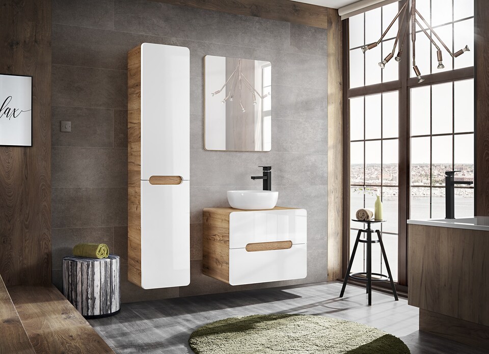 image 1 of 600mm Vanity Unit for Countertop Sink Wall Bathroom Cabinet with Drawers Handleless White Gloss Oak Arub