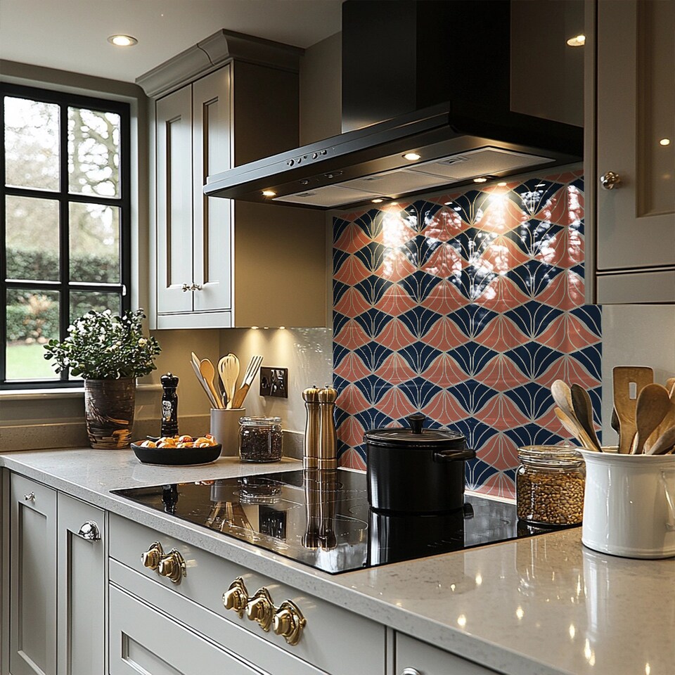 image 1 of Navy & Pink Geometric Shells Splash Back | White