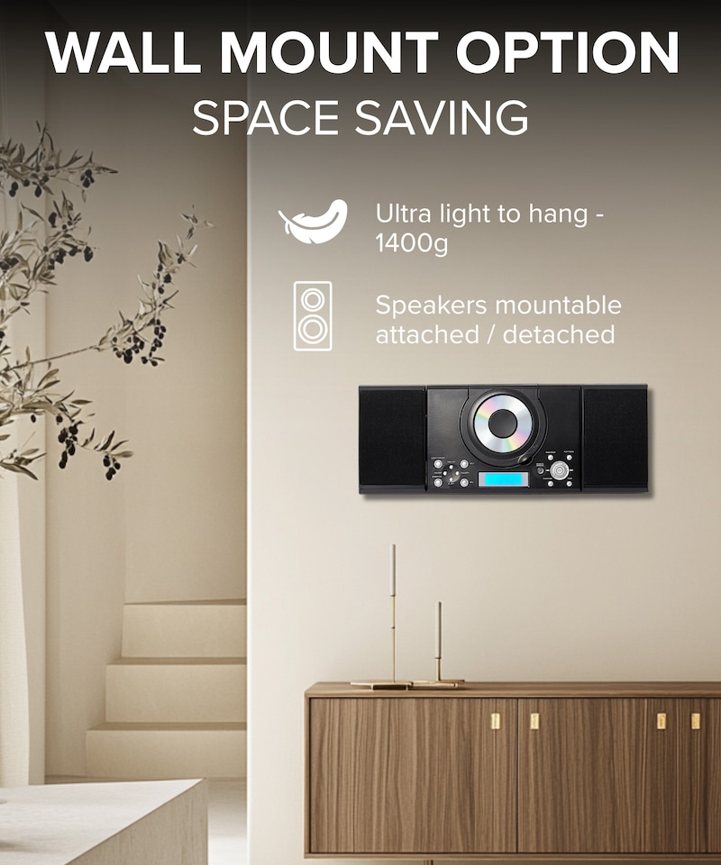 image 1 of CD Player with Speakers - HiFi System for Home with Radio, USB, MP3, Clock Alarm & Remote - Compact Stereo System with Wall Mount Design - Small CD Players for Home - GTMC-101
