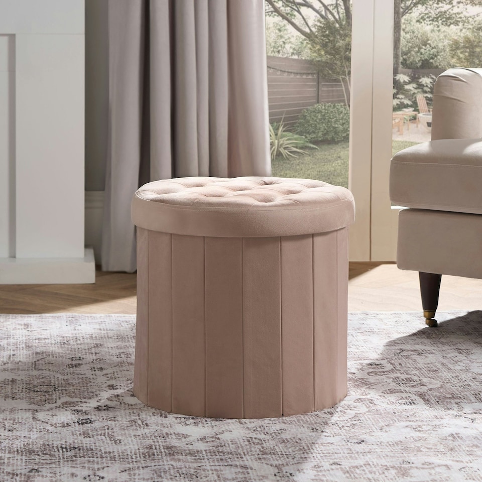 image 1 of OHS Matte Velvet Soft Round Foldable Footstool Seat Storage Organiser Ottoman | Cream | Natural