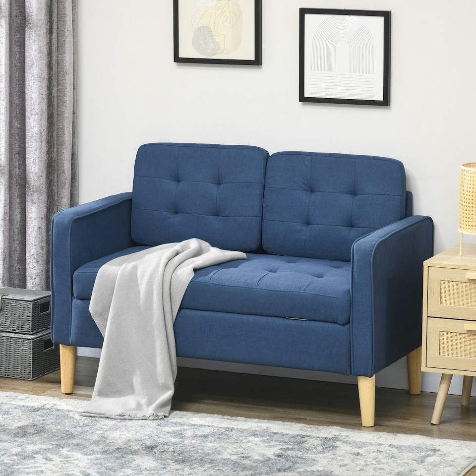 image 1 of HOMCOM Compact Loveseat Sofa 2 Seater Sofa with Storage and Wood Legs Blue