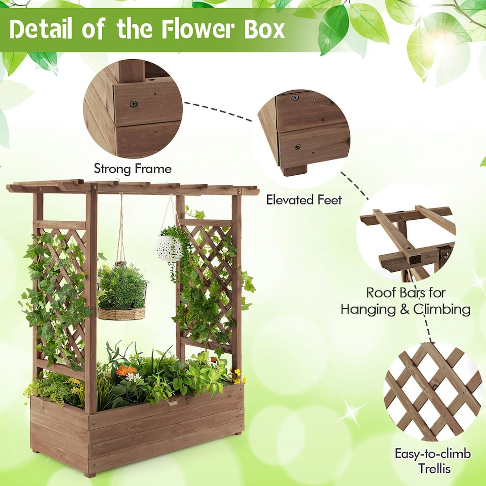 image 1 of COSTWAY Raised Garden Bed Planter Box w/ Trellis Coffee Brown