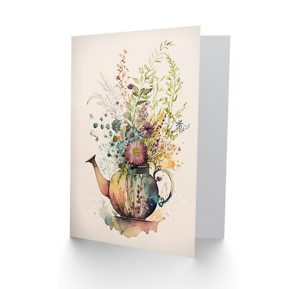 image 1 of Wildflower Floral Spring Bouquet Teapot Vase Birthday Card