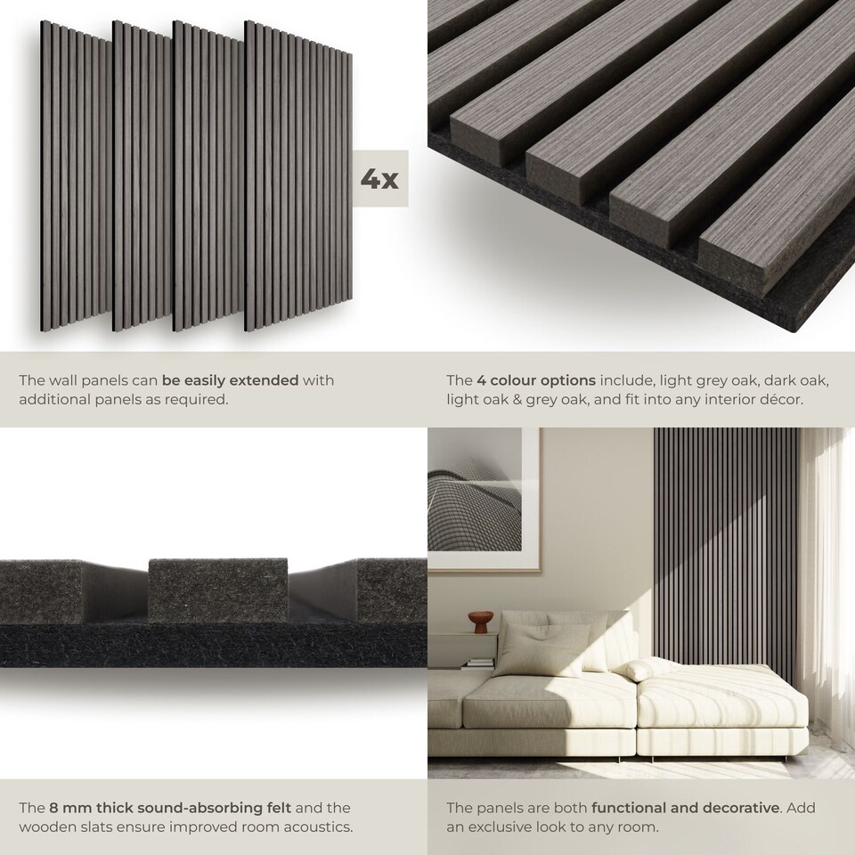 image 1 of Acoustic Wall Panels with Wood Veneer Slats, Thick Felt and Easy to Install | Grey | light gray oak | 120 x 60 x 120 cm | 4