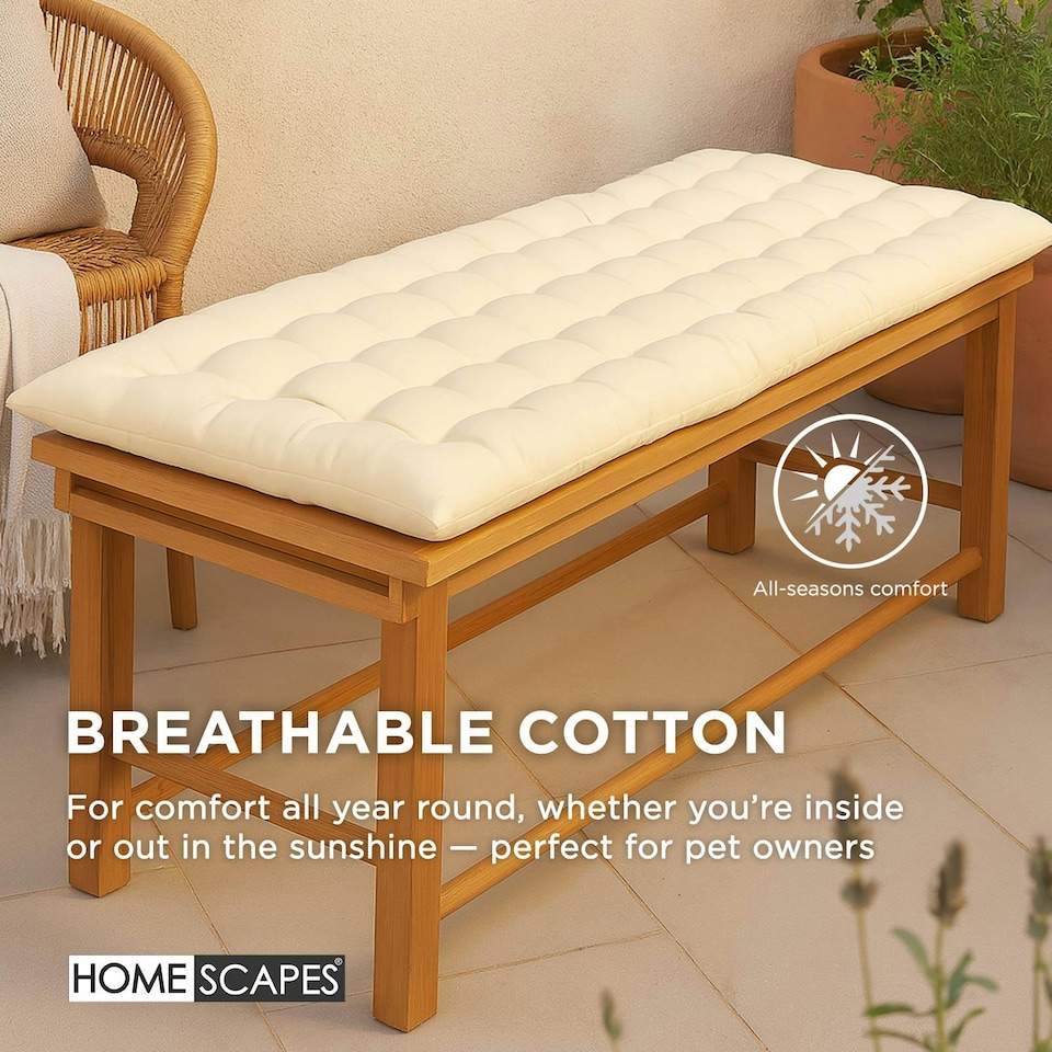 image 1 of Homescapes Garden Bench Cushion Luxury 2 Seater Cotton Indoor Outdoor Seat Pad | Cream | 108 x 42 cm | 1