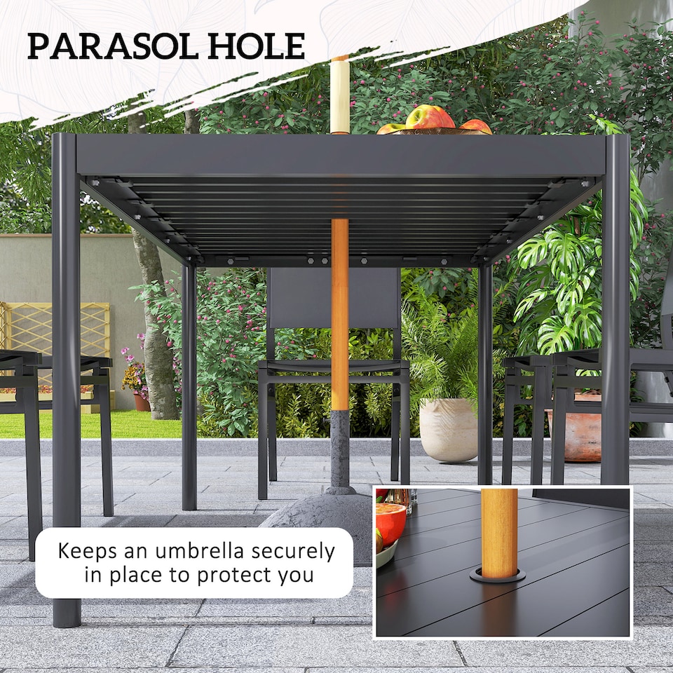 image 1 of Outsunny 7 Piece Garden Dining Set, 6 Seater Garden Table and Chairs with Parasol Hole, Aluminium Top Table and Texteline Chairs, Outdoor Dining Furniture Set for Patio, Dark Grey