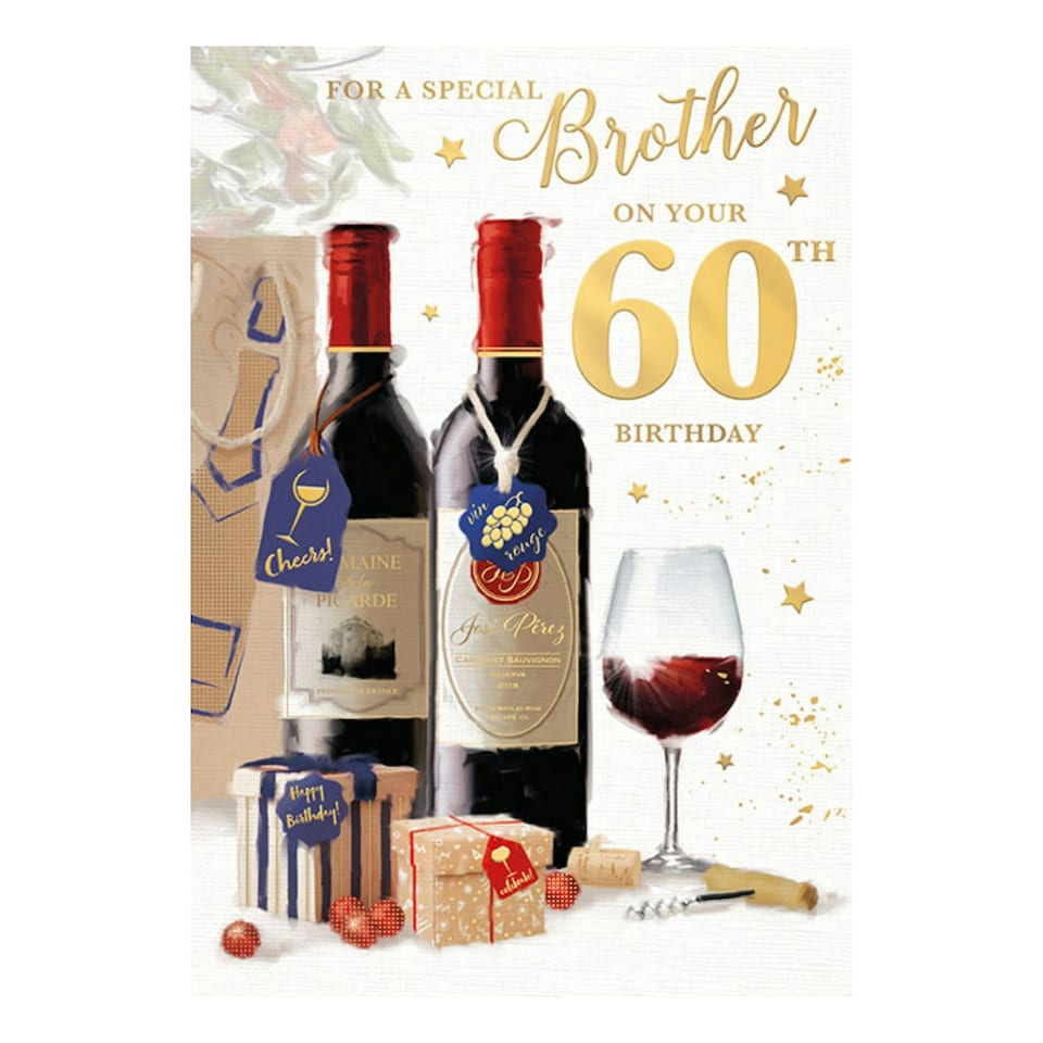 image 1 of Words 'n' Wishes Birthday Card, Age 60 - Brother Two Red Wine Bottles, Glass and Presents, 23.5 x 16.5 cms, Multi-Coloured